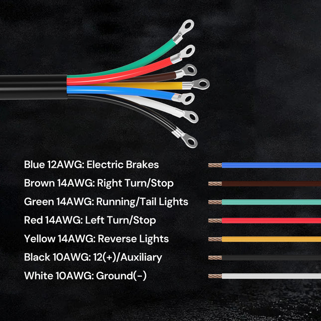 Dylux Heavy-Duty 7-Way Inline Trailer Cord with Terminal Rings  |  SAE Trailer Wiring Harness (3FT, 4FT, 5FT, 6FT, 7FT, 8FT)