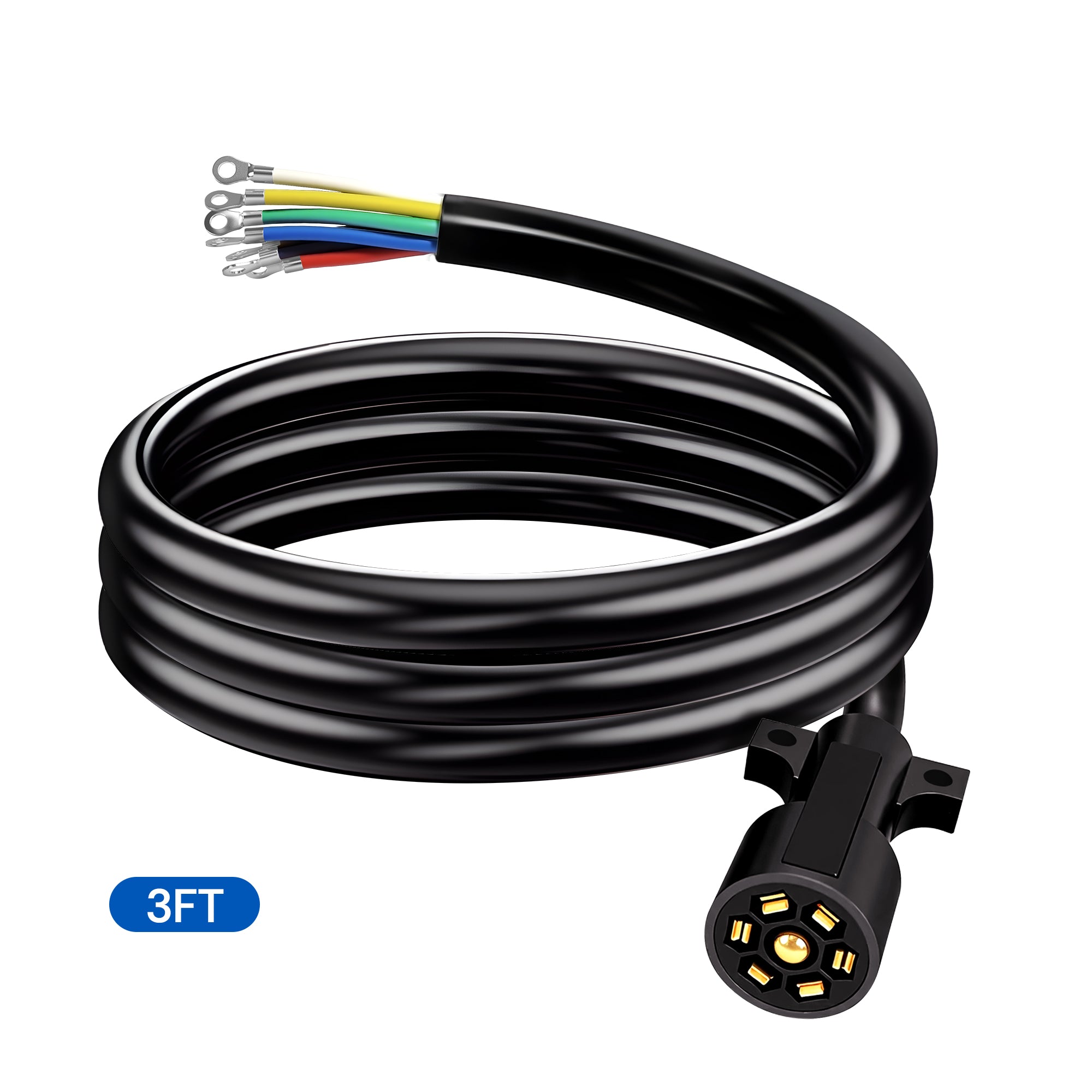 Dylux Heavy-Duty 7-Way Inline Trailer Cord with Terminal Rings  |  SAE Trailer Wiring Harness (3FT, 4FT, 5FT, 6FT, 7FT, 8FT)