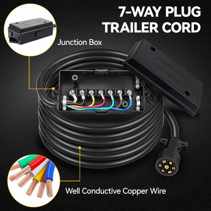 Dylux Heavy-Duty 7-Way Trailer Cord with Waterproof 7-Gang Junction Box, 6FT/8FT Inline RV Trailer Wiring Harness