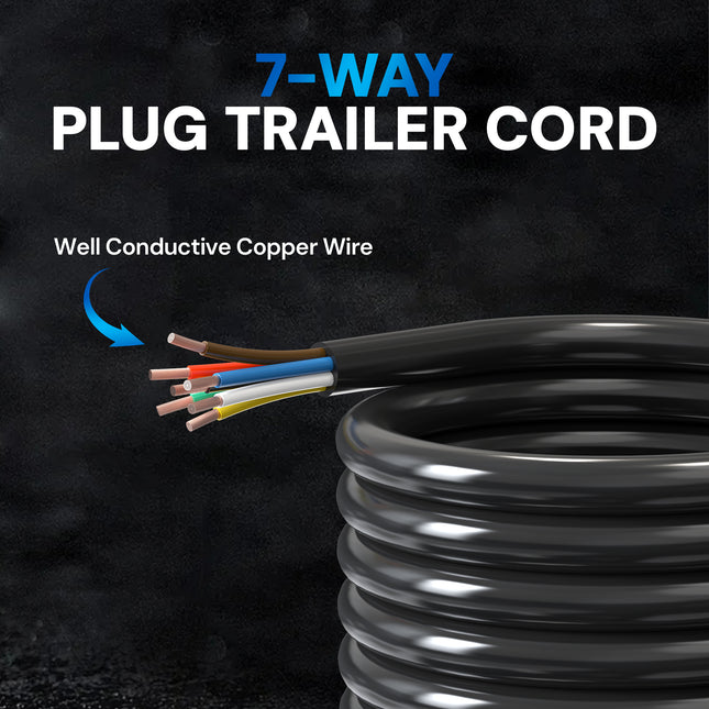 Dylux Heavy-Duty 7-Way Inline Trailer Cord – Bare Wire End (3FT, 4FT, 5FT, 6FT, 7FT, 8FT)