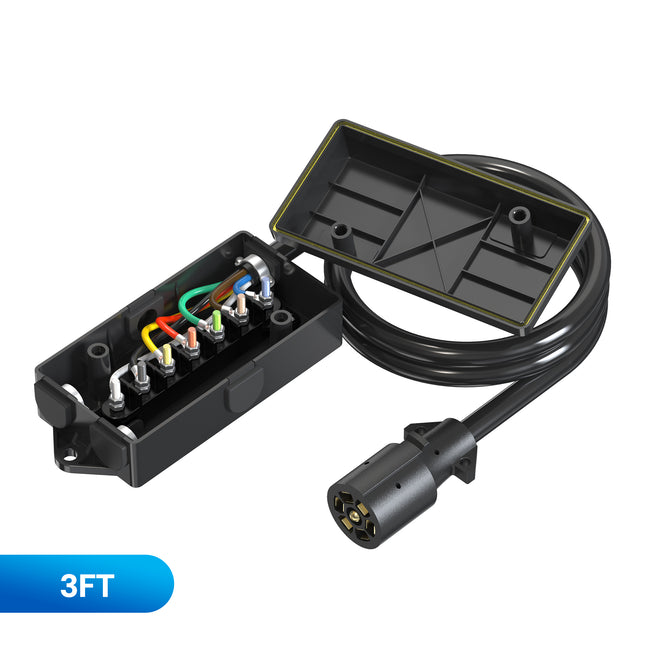 Dylux Heavy-Duty 7-Way Trailer Cord with Waterproof 7-Gang Junction Box (3FT, 4FT, 5FT, 6FT, 7FT, 8FT)
