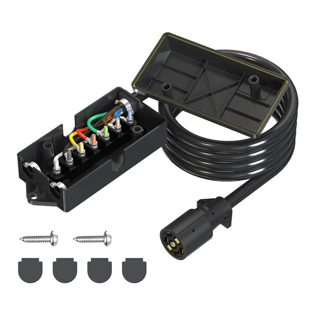 Dylux Heavy-Duty 7-Way Trailer Cord with Waterproof 7-Gang Junction Box (3FT, 4FT, 5FT, 6FT, 7FT, 8FT)