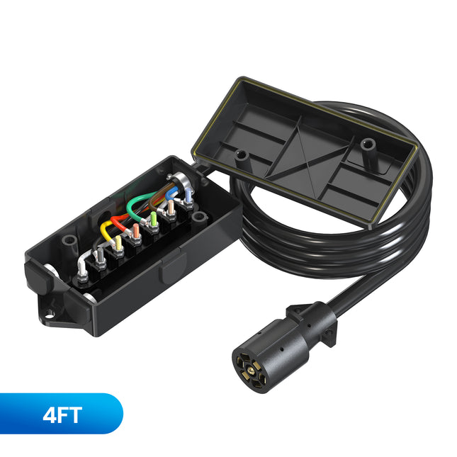 Dylux Heavy-Duty 7-Way Trailer Cord with Waterproof 7-Gang Junction Box (3FT, 4FT, 5FT, 6FT, 7FT, 8FT)