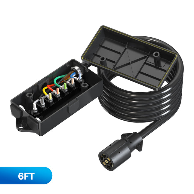 Dylux Heavy-Duty 7-Way Trailer Cord with Waterproof 7-Gang Junction Box (3FT, 4FT, 5FT, 6FT, 7FT, 8FT)
