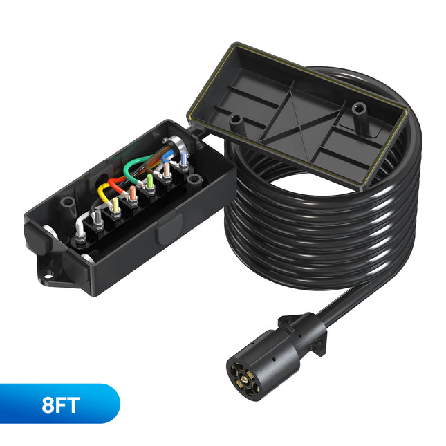 Dylux Heavy-Duty 7-Way Trailer Cord with Waterproof 7-Gang Junction Box (3FT, 4FT, 5FT, 6FT, 7FT, 8FT)