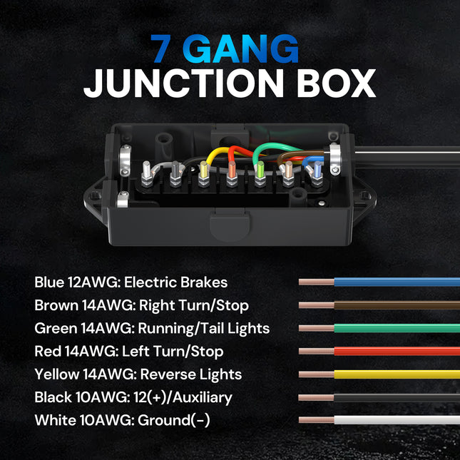 Dylux Heavy-Duty 7-Way Trailer Cord with Waterproof 7-Gang Junction Box (3FT, 4FT, 5FT, 6FT, 7FT, 8FT)