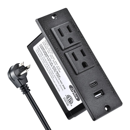 Dylux Recessed Power Strip with 1 USB-C, 1 USB-A, 2 Outlets & 6ft Flat Plug Cable | UL Certified