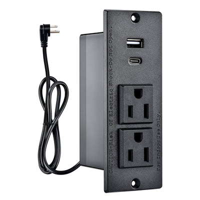 Dylux Recessed Power Strip with 1 USB-C, 1 USB-A, 2 Outlets & 6ft Flat Plug Cable | UL Certified