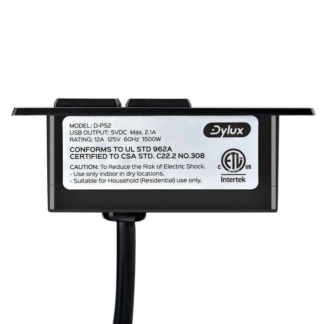 Dylux Recessed Power Strip with 1 USB-C, 1 USB-A, 2 Outlets & 6ft Flat Plug Cable | UL Certified