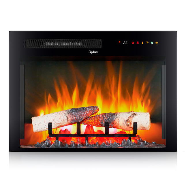 Dylux 26" RV Electric Fireplace – 1500W Heater, Adjustable Flame, Wall-Mount/Recessed, Wood Log Base
