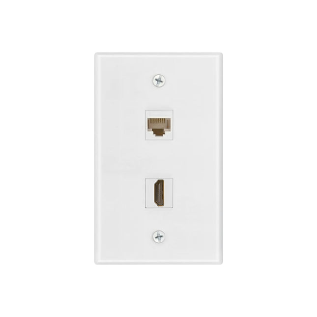 Dylux 2-Port Wall Plate - HDMI Female Coupler & Cat6 Jack Coupler - Single Gang Bracket