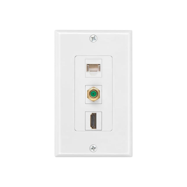 Dylux 3-Port Wall Plate – HDMI Coupler + Cat6 Jack + F81 Coax (3GHz, Gold-Plated)