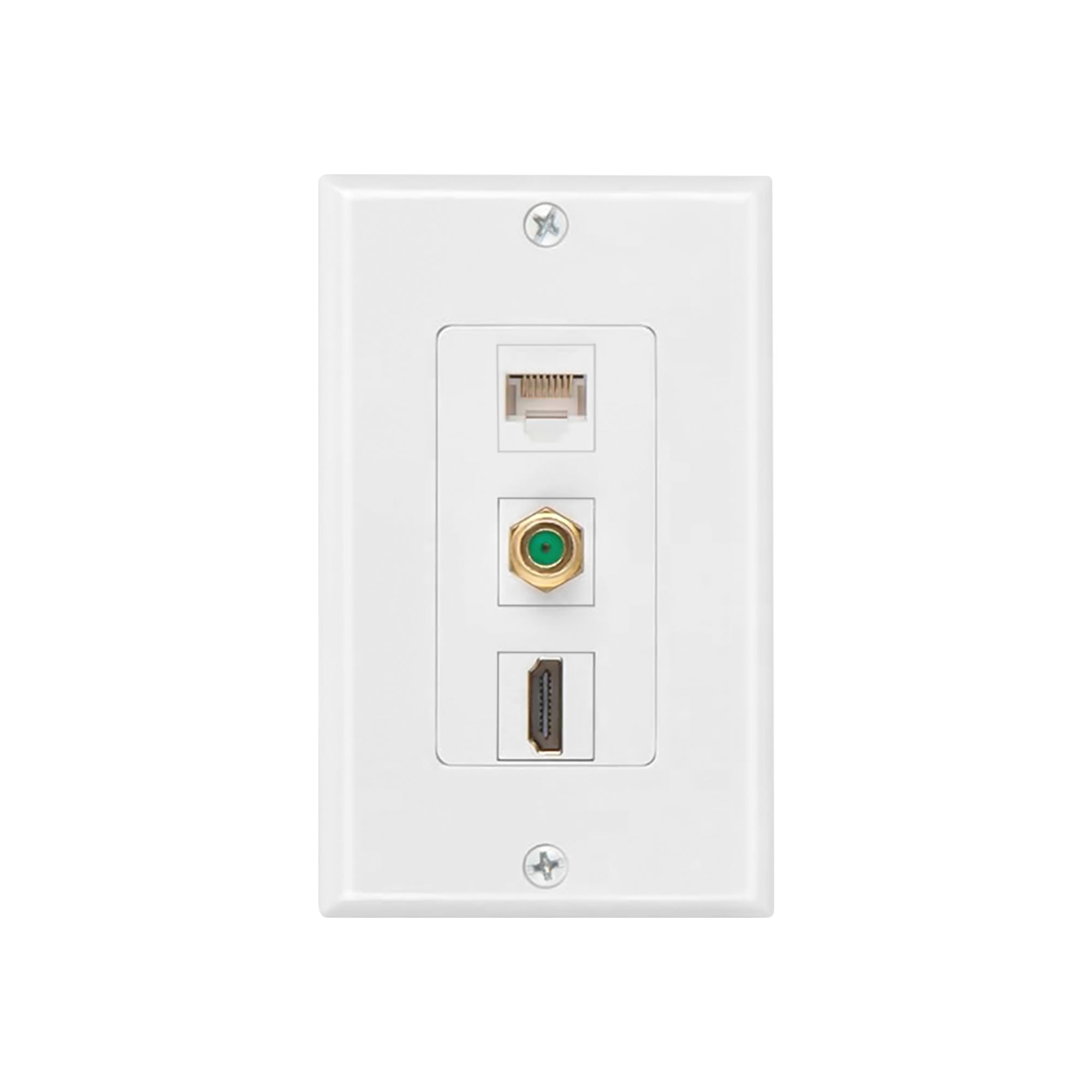 Dylux 3-Port Wall Plate – HDMI Coupler + Cat6 Jack + F81 Coax (3GHz, Gold-Plated)