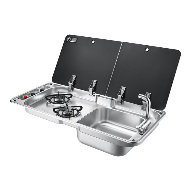 Dylux 2-Burner RV Gas Stove with Sink - Compact Outdoor Cooktop for Caravans and Campers