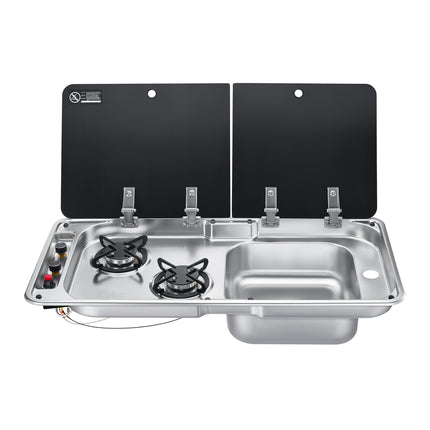 Dylux 2-Burner RV Gas Stove with Sink - Compact Outdoor Cooktop for Caravans and Campers