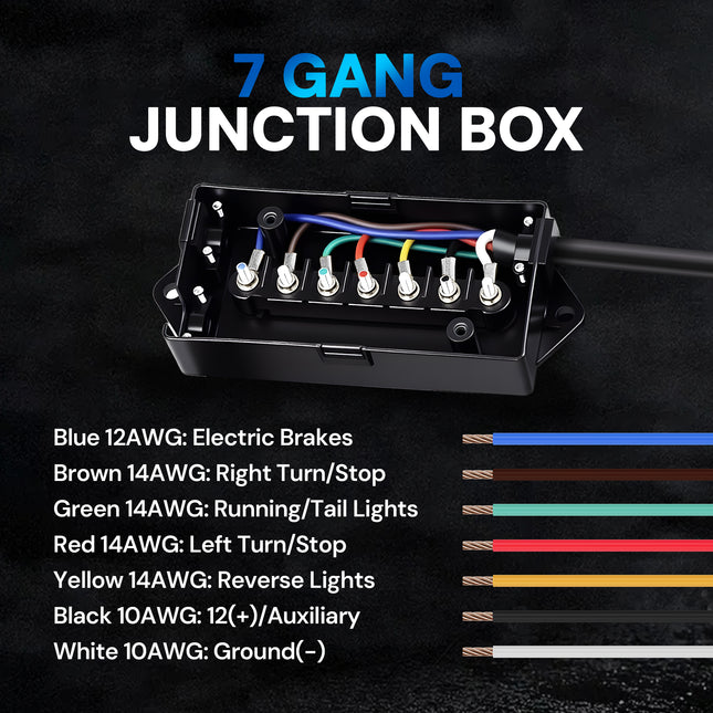 Dylux Heavy-Duty 7-Way Trailer Cord with Waterproof 7-Gang Junction Box (3FT, 4FT, 5FT, 6FT, 7FT, 8FT)
