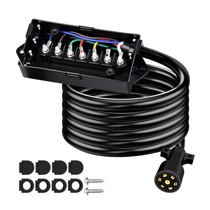 Dylux Heavy-Duty 7-Way Trailer Cord with Waterproof 7-Gang Junction Box (3FT, 4FT, 5FT, 6FT, 7FT, 8FT)