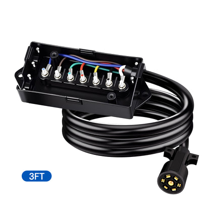 Dylux Heavy-Duty 7-Way Trailer Cord with Waterproof 7-Gang Junction Box (3FT, 4FT, 5FT, 6FT, 7FT, 8FT)