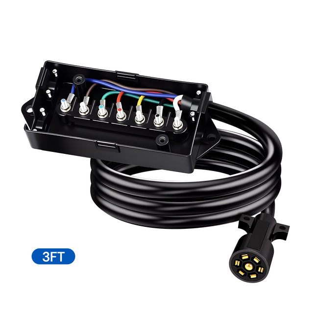 Dylux Heavy-Duty 7-Way Trailer Cord with Waterproof 7-Gang Junction Box (3FT, 4FT, 5FT, 6FT, 7FT, 8FT)