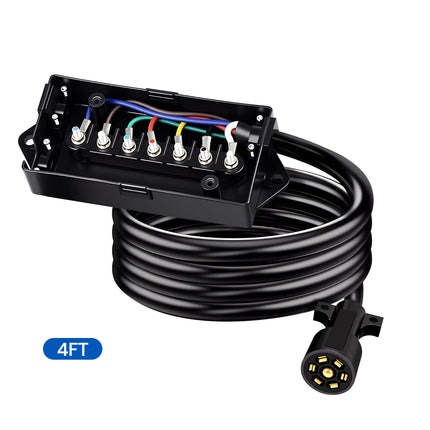 Dylux Heavy-Duty 7-Way Trailer Cord with Waterproof 7-Gang Junction Box (3FT, 4FT, 5FT, 6FT, 7FT, 8FT)