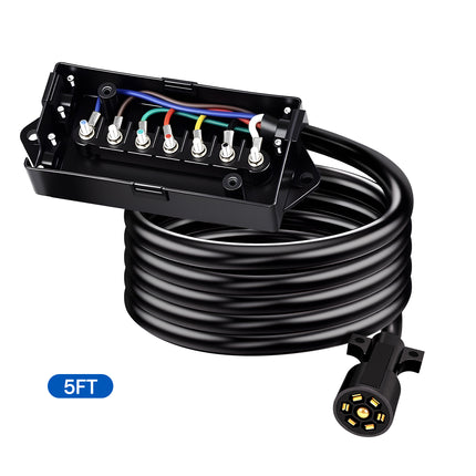 Dylux Heavy-Duty 7-Way Trailer Cord with Waterproof 7-Gang Junction Box (3FT, 4FT, 5FT, 6FT, 7FT, 8FT)