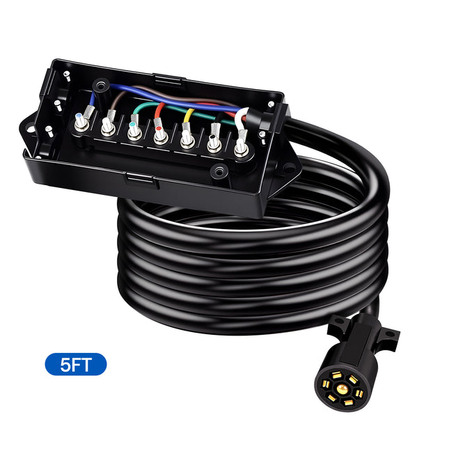Dylux Heavy-Duty 7-Way Trailer Cord with Waterproof 7-Gang Junction Box (3FT, 4FT, 5FT, 6FT, 7FT, 8FT)