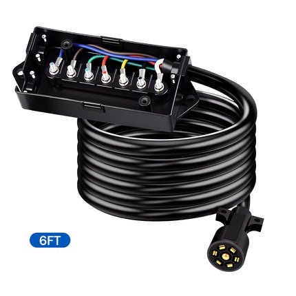 Dylux Heavy-Duty 7-Way Trailer Cord with Waterproof 7-Gang Junction Box (3FT, 4FT, 5FT, 6FT, 7FT, 8FT)