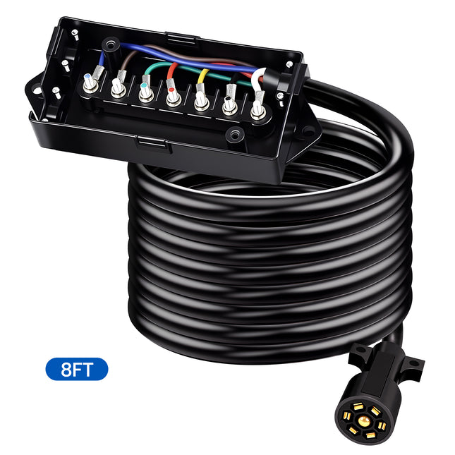 Dylux Heavy-Duty 7-Way Trailer Cord with Waterproof 7-Gang Junction Box (3FT, 4FT, 5FT, 6FT, 7FT, 8FT)
