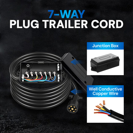 Dylux Heavy-Duty 7-Way Trailer Cord with Waterproof 7-Gang Junction Box (3FT, 4FT, 5FT, 6FT, 7FT, 8FT)
